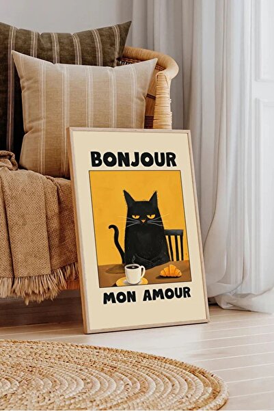 AR AJANS KANVAS TABLO Pictură pe MDF cu design Pisică Neagră și text BONJOUR