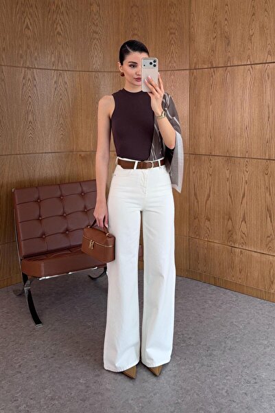 HAZELANNA Brown Belted Ecru Palazzo Jeans