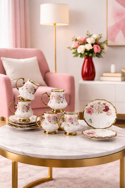 Perotti 16985 Otto Altın Yaldızlı Porselen 6 Kişilik Fincan Seti 12 Parça Tür...