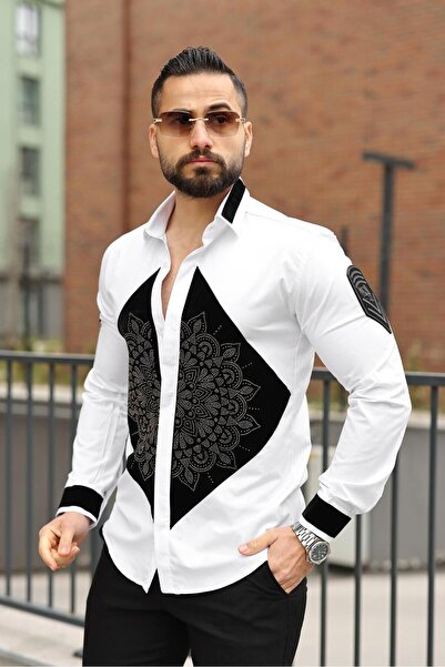 BAYIM Luxury Slim Fit Beyaz Gömlek - Ön Panel Taş İşlemeli Mandala Desenli