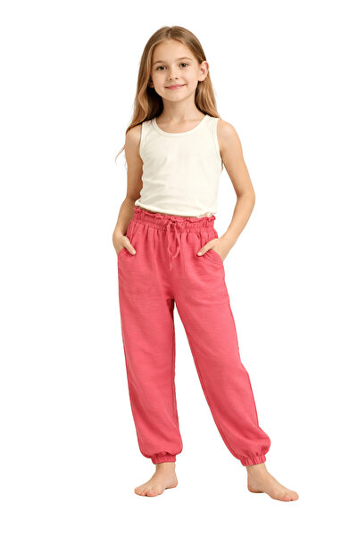 onymino Girl's Dusty Rose Elastic Lace-Up Summer Trousers 100% Cotton Comfort...