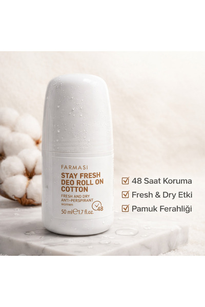 Farmasi Stay Fresh Cotton Roll On Deodorant 50 ml 48 Saat Etkili Kadın Antipe...