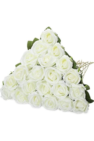 Slasa زهور ورد صناعية 20 قطعة، باقة بيضاء من الحرير بساق طويلة 20×7.87 بوصة ل...