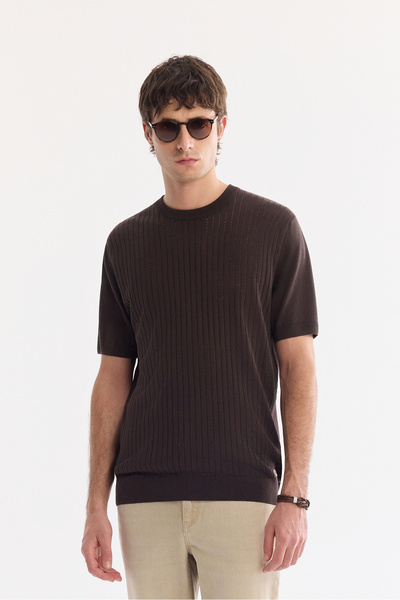 Avva Men's Brown Crew Neck Linen Blend Comfort Fit Knitwear T-Shirt A61Y5014