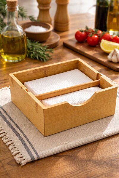 CİHO Bamboo Square Napkin Holder with Handle 18 cm
