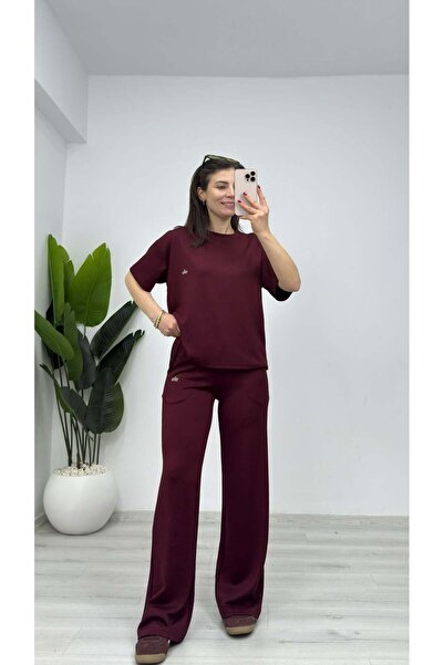 TUNAM BUTİK 1023 Crew Neck Printed Modal Suit Claret Red