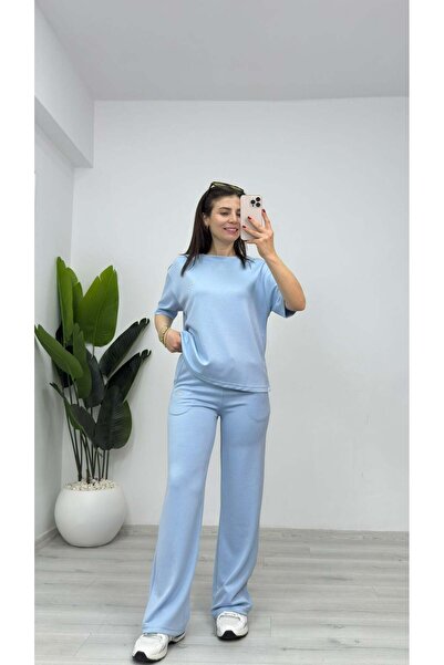 TUNAM BUTİK 1023 Crew Neck Printed Modal Set Baby Blue