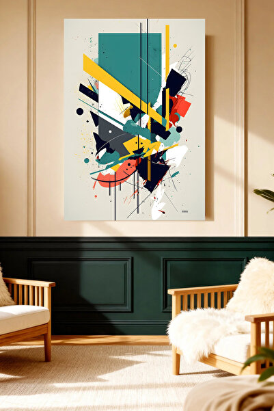 Mushen Studio Geometric abstract, albastru teal, galben, roșu, negru, pictură...