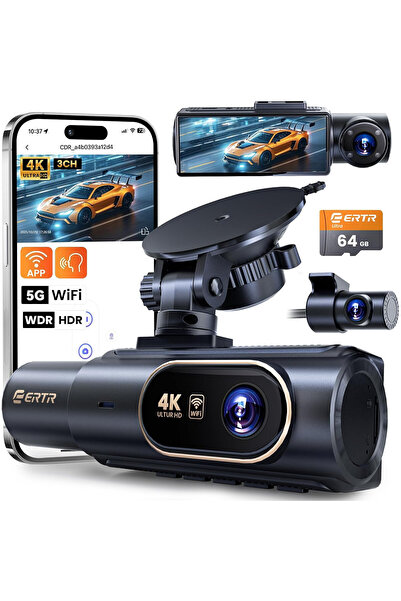 ERTR Cameră auto DVR 4K cu 3 canale, față 4K Ultra HD + interior, spate 1080P...