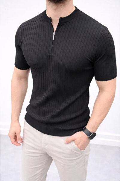 JANES Men's Short Sleeve Ribbed Knit T-Shirt Summer High Collar T-Shirt - Black