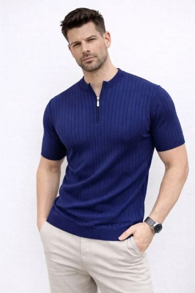 JANES Men's Short Sleeve Ribbed Knit T-Shirt Summer Style High Collar T-Shirt...