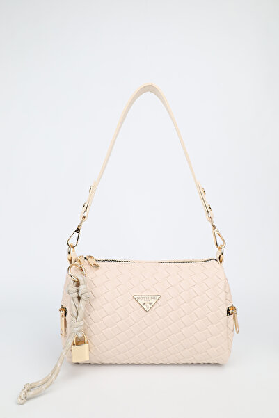 NOTHING Geantă de umăr și crossbody pentru femei, din piele împletită crem, c...