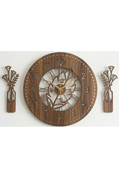 AS TASARIM LAZER Lura Decorative Wooden Wall Clock and Vase Set Walnut Color ...