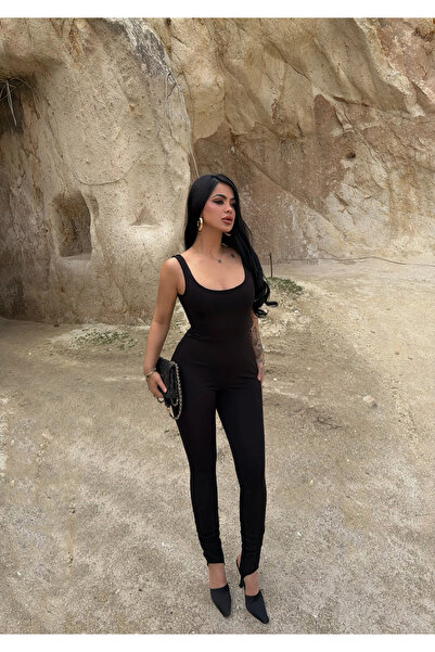kırmızı butiks Siyah Askılı Basic Slim Tulum