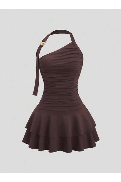 MEGOMEL Γυναικείο μίνι φόρεμα με έναν ώμο, στρώσεις, λεπτομέρεια με αγκράφα κ...