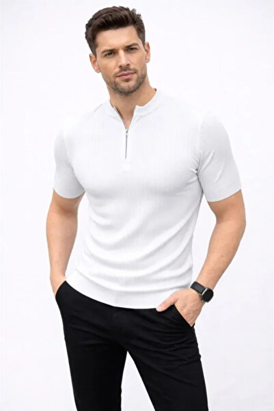 JANES Men's Short Sleeve Ribbed Knit T-Shirt Summer Style High Collar T-Shirt...