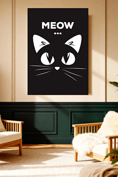 Mushen Studio Meow Minimalist Cat Face Μαύρος πίνακας ζωγραφικής σε καμβά χωρ...