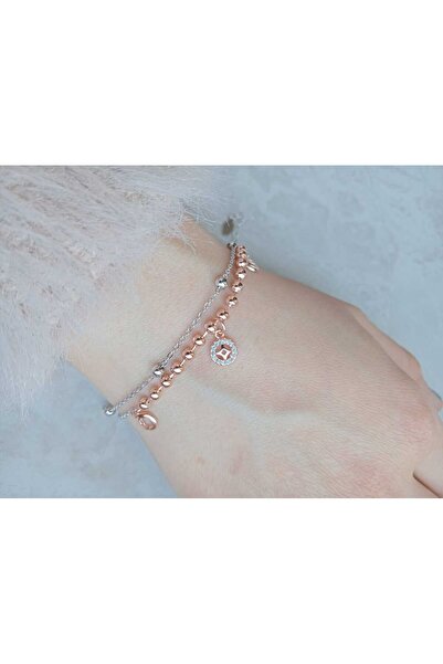 GÜMÜŞ Papila Silver İki Zincirli Topçuklu Rose&Silver Yonca İthal Bileklik