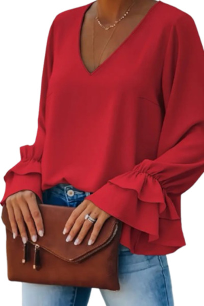 Voguet Elegant Blouse with Flowing Sleeves Red