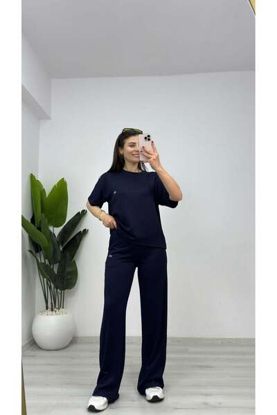 TUNAM BUTİK 1023 Crew Neck Printed Modal Suit Navy Blue