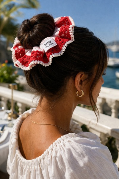 Handmade Betty Bands Red Lace Scrunchie Hair Clip – Stylish and Voluminous Bu...