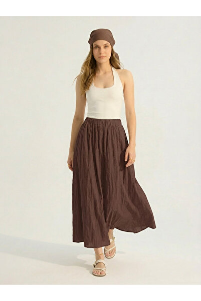 sea milano Women's Brown Voile Fabric Wrinkled Gathered Skirt with Elastic Wa...