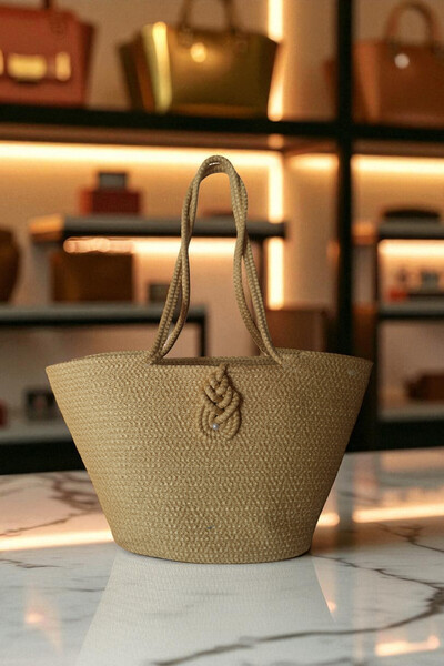 KAAN HOME Geantă de plajă vegană cu aspect natural, cu curea colorată și șnur...