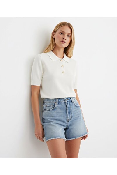 Arbucky Women's Gold Buttoned Polo Collar Knitwear Blouse