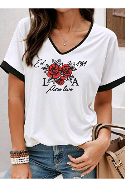 SUNFREE RED ROSE Tricou de damă din bumbac pieptănat, cu decolteu în V și mân...