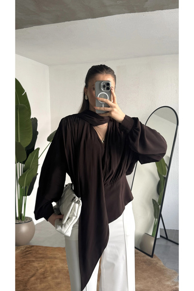 asfamoda Γυναικεία μπλούζα με γιακά σε καφέ χρώμα, μακρυμάνικη, κομψή μπλούζα...