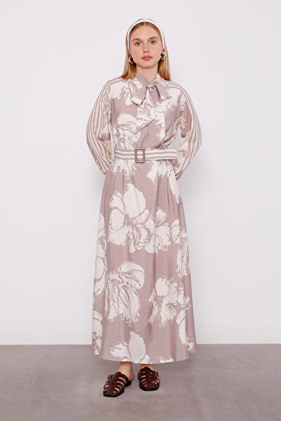 Lale Butik Floral Pattern Belted Dress with Tie-Down Collar 330274 Mink