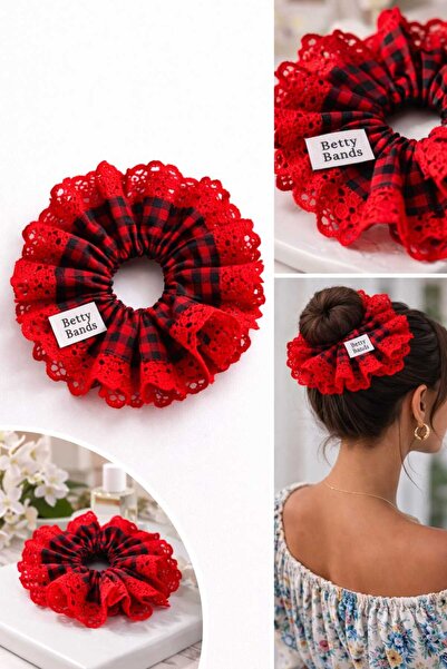 Handmade Betty Bands Red Lace Plaid Scrunchie Scrunchy – Voluminous Stylish H...