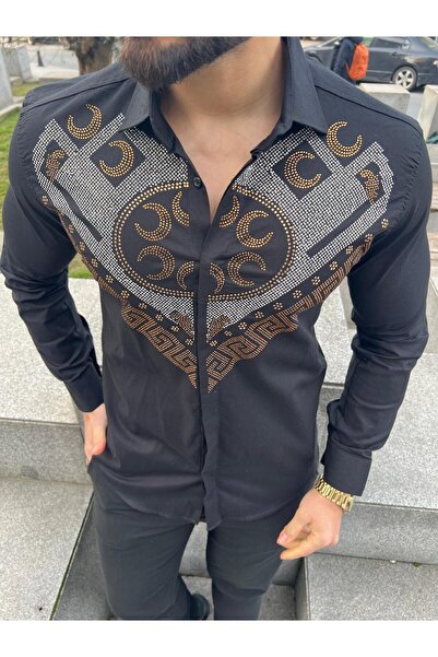 BAYIM Erkek Siyah Slim Fit Gold Gümüş Taş İşlemeli Medusa Desenli Gömlek
