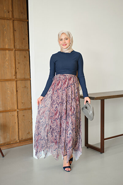 LOCCO Women's Asymmetrical Cut Ethnic Patterned Chiffon Skirt Cherry Rotten