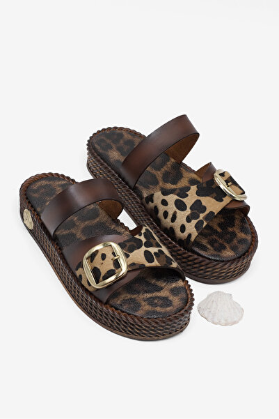 Tonny Black Women's Tan Leopard Comfortable Fit Buckle Cross Slippers