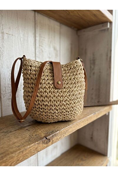 Axesoire NWC-1077 Μπεζ Πλεκτή Χειροποίητη Ψάθινη Τσάντα 24x23 εκ.