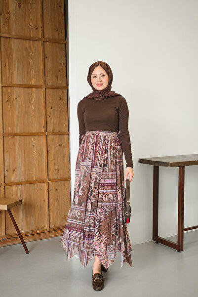 LOCCO Women's Ethnic Pattern Asymmetrical Cut Chiffon Skirt Plum