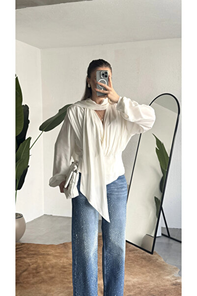 asfamoda Γυναικεία μπλούζα με λευκό γιακά σάλι, μακρυμάνικη, κομψή μπλούζα γρ...