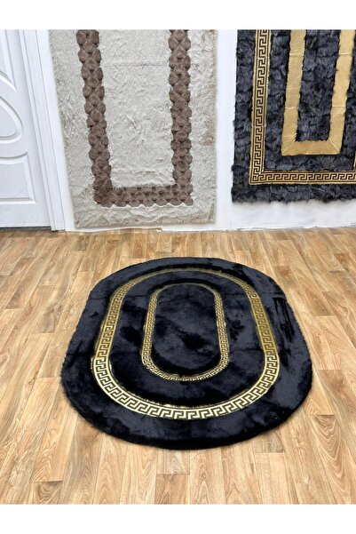 SANCAK DERİ HALI LÜKS GOLD VARAKLI SİYAH OVAL PELUŞ HALI