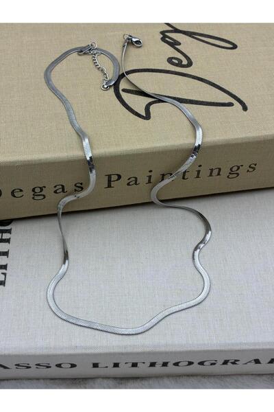 Hedef Bijuteri Steel Silver Color Flat Italian Chain Necklace (60cm)