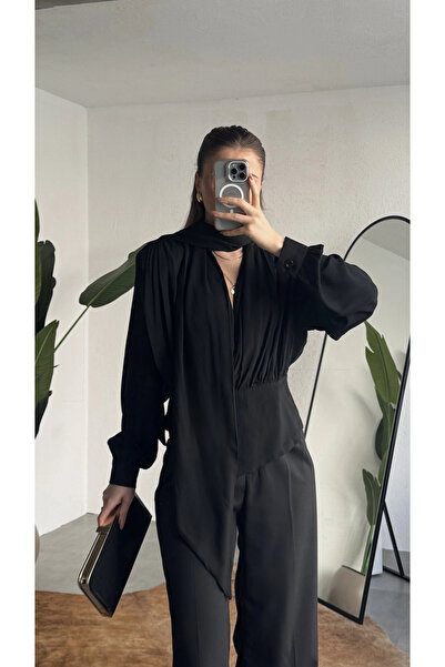 asfamoda Γυναικεία μαύρη μπλούζα με γιακά σάλι, μακρυμάνικη, κομψή μπλούζα γρ...