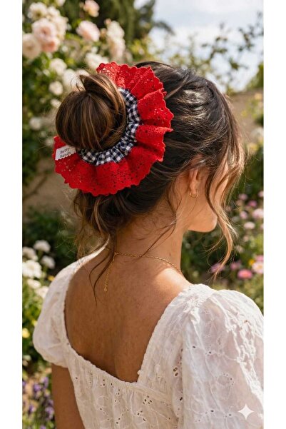 Handmade Betty Bands Red Navy Blue Lace Scrunchie Hair Tie – Stylish Volumino...