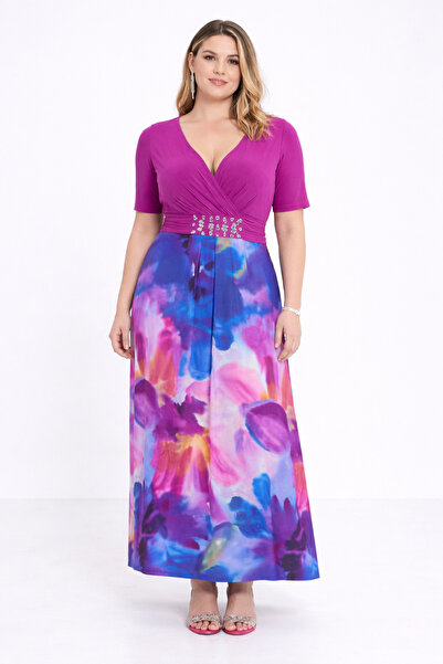 Şans Rochie lungă din jerseu pentru femei, mărime mare, Fujya, cu guler înfăș...