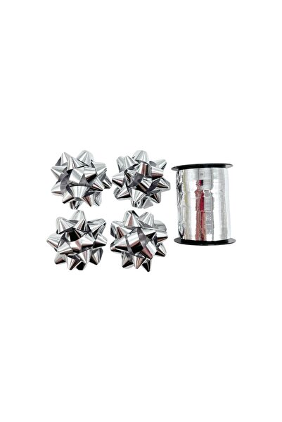 AFO Set of 4 Ribbons 5.5cm with Adhesive and 10m Roll Metallic Silver