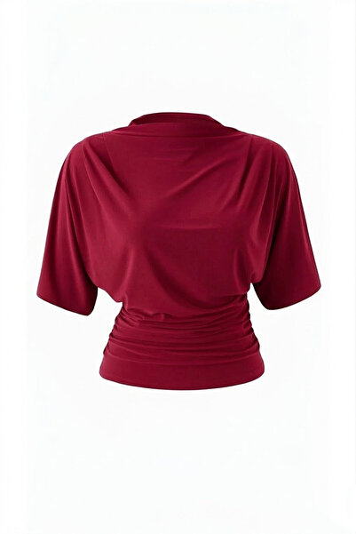 Edela Women's Body-Fitting Bat Sleeve Stretchy Gathered Blouse