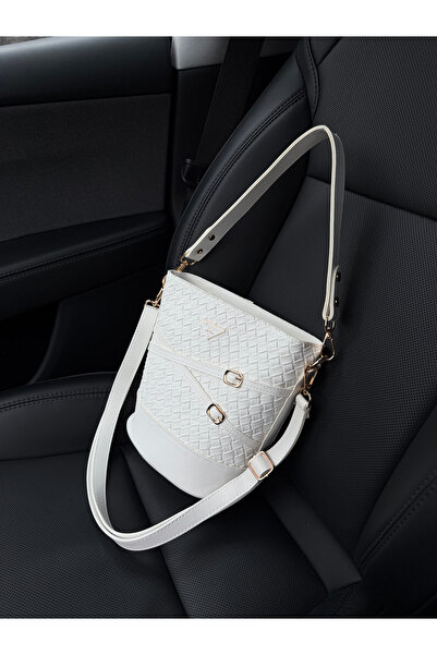 NOTHING Geantă de umăr și crossbody pentru femei, model găleată, cu curea alb...