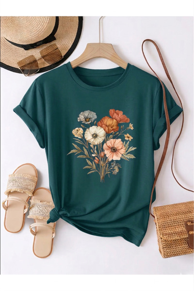 Trend Sizde Tricou unisex verde cu imprimeu floral pastel, cu gât rotund
