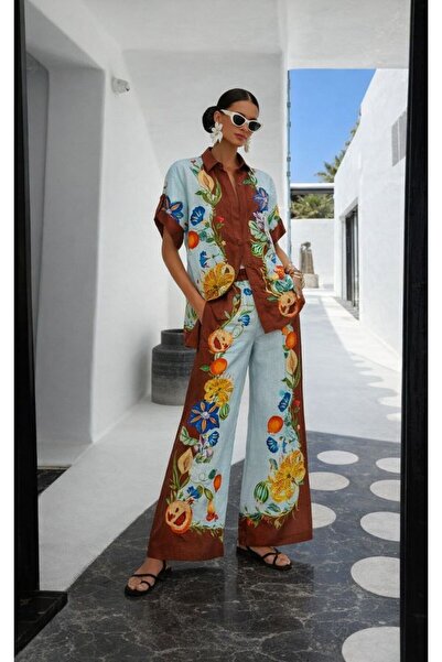 Stil Sepeti Patterned Linen Premium Shirt Trousers Set Summer Women's Loose A...