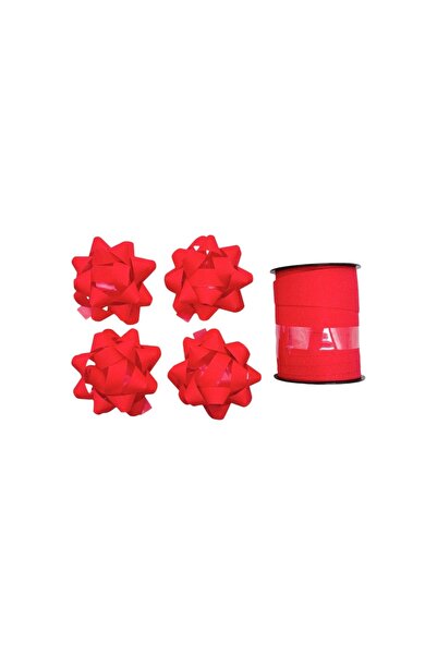 AFO Set of 4 Ribbons 5.5cm with Glue and 10m Roll Red Glitter