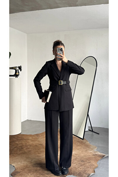 asfamoda Costum de damă negru, cu sacou, pantaloni și curea